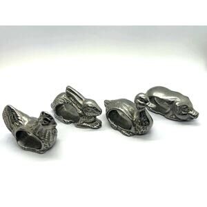 Vintage Wilton Armetale Pewter Farm Animals Napkin Rings Rooster Pig Duck Rabbit